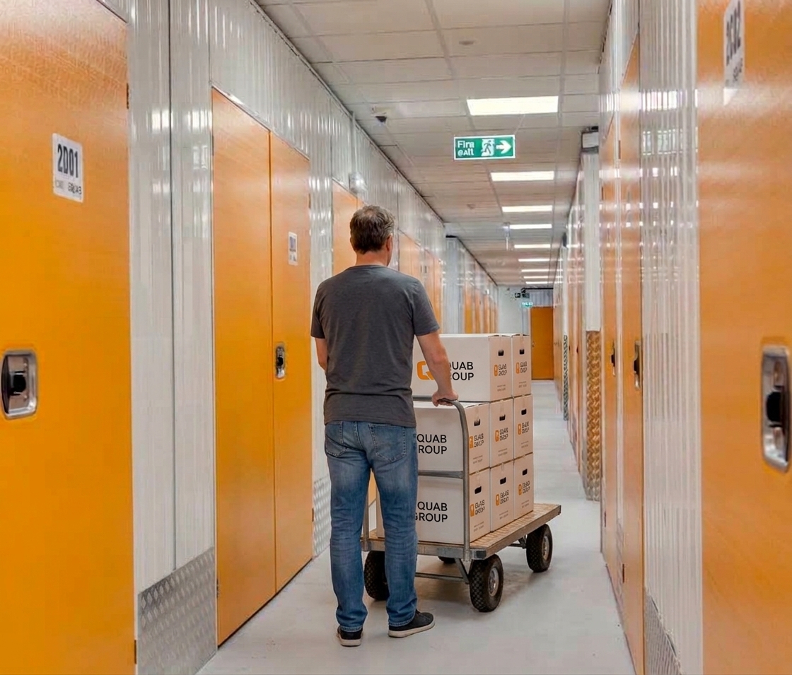 Horizontal image at eye level of a self storage corridor with orange doors and white walls. In the centre of the image is a male customer with his back to the camera pushing a trolley that is stacked with boxes away from the camera down the corridor.